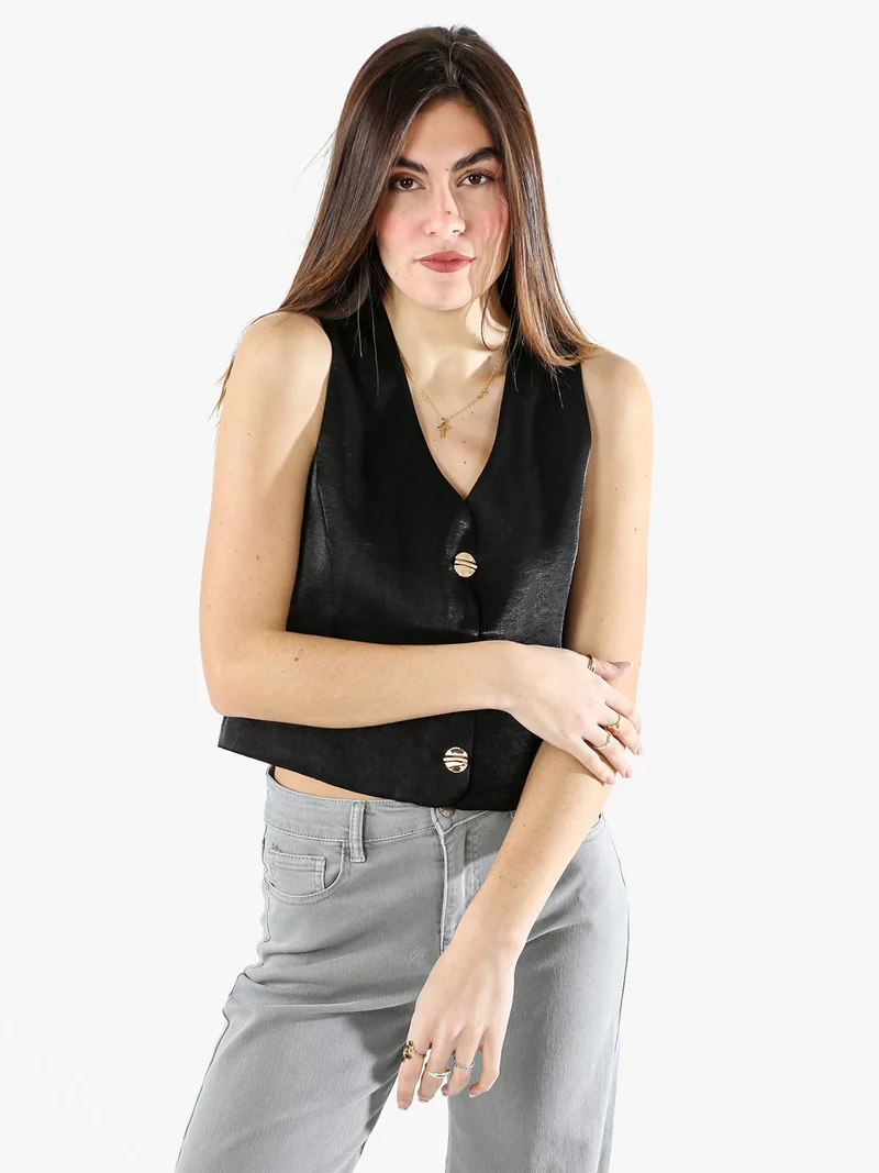 Gilet donna in tessuto cangiante con bottoni dorati - nero