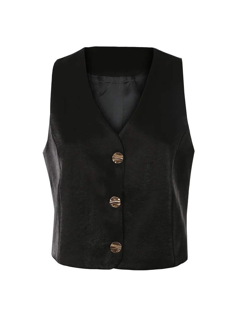 Gilet donna in tessuto cangiante con bottoni dorati - nero