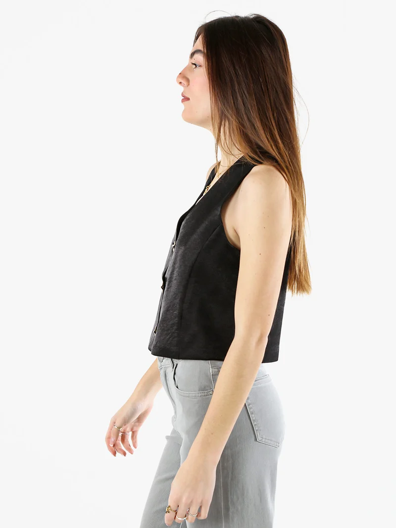 Gilet donna in tessuto cangiante con bottoni dorati - nero