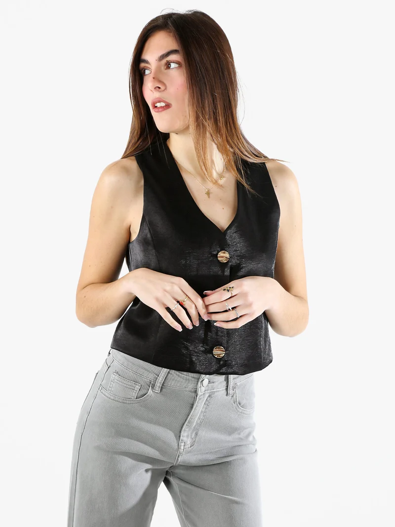 Gilet donna in tessuto cangiante con bottoni dorati - nero