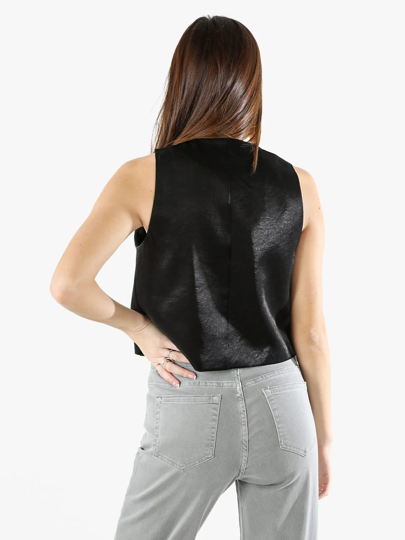 Gilet donna in tessuto cangiante con bottoni dorati - nero