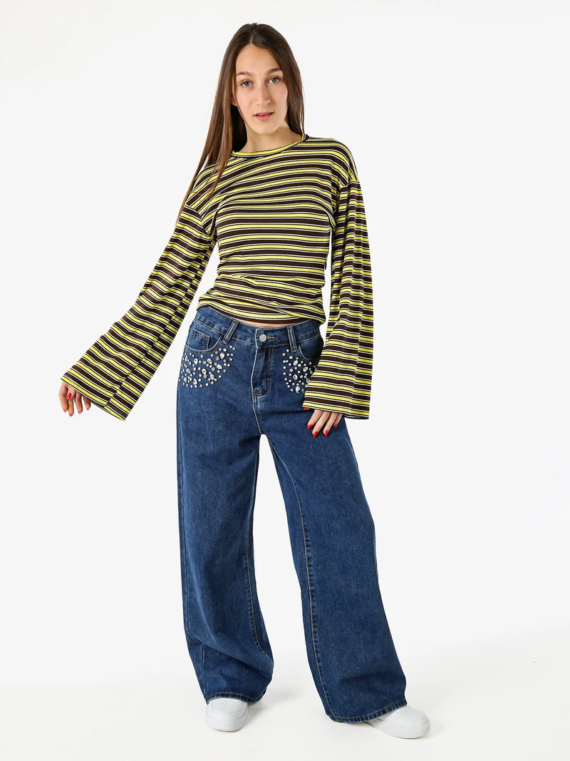 Maglia rigata da donna con maniche lunghe a campana - giallo