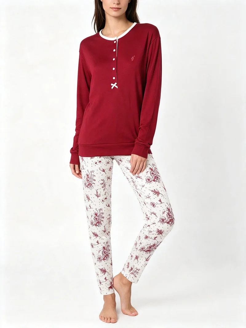 Pigiama lungo da donna in cotone - bordeaux