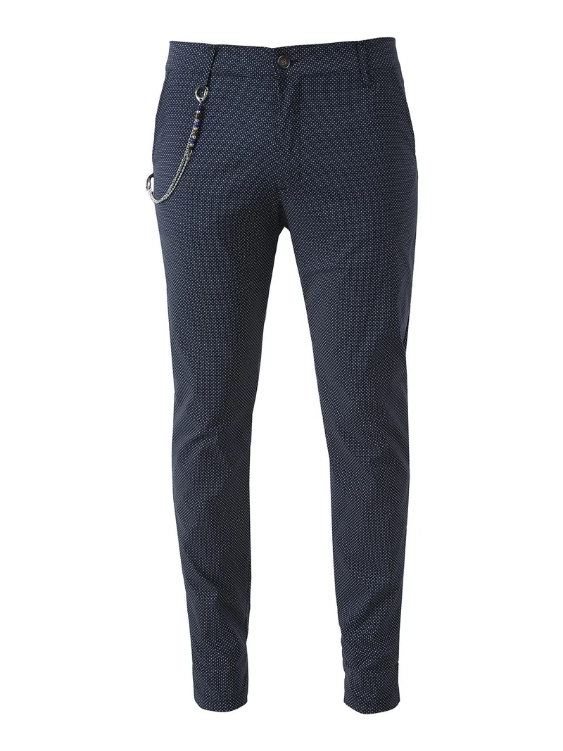 Pantaloni casual da uomo con stampa texture e dettaglio catena - blu scuro