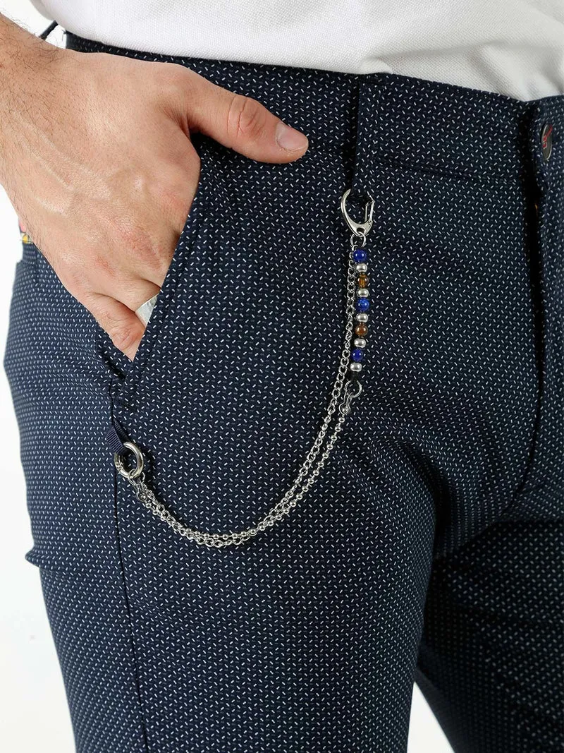 Pantaloni casual da uomo con stampa texture e dettaglio catena - blu scuro