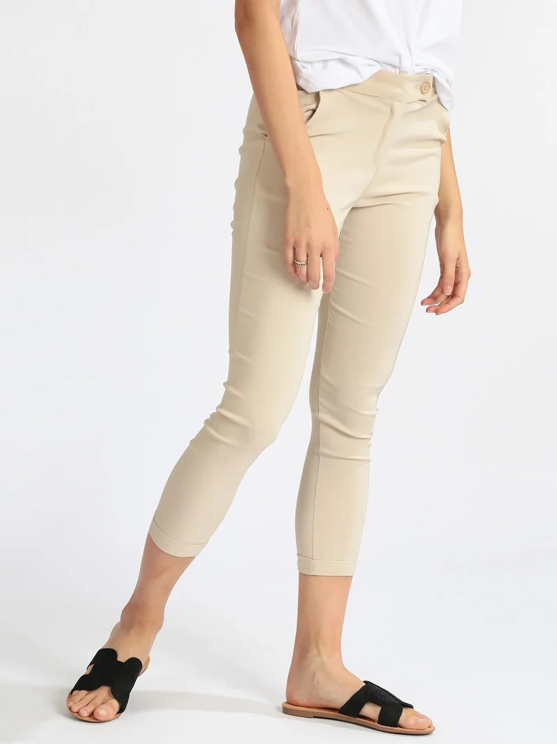 Pantaloni elasticizzati donna con risvolto - beige