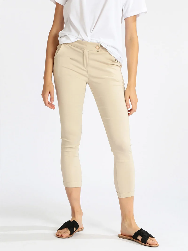 Pantaloni elasticizzati donna con risvolto - beige