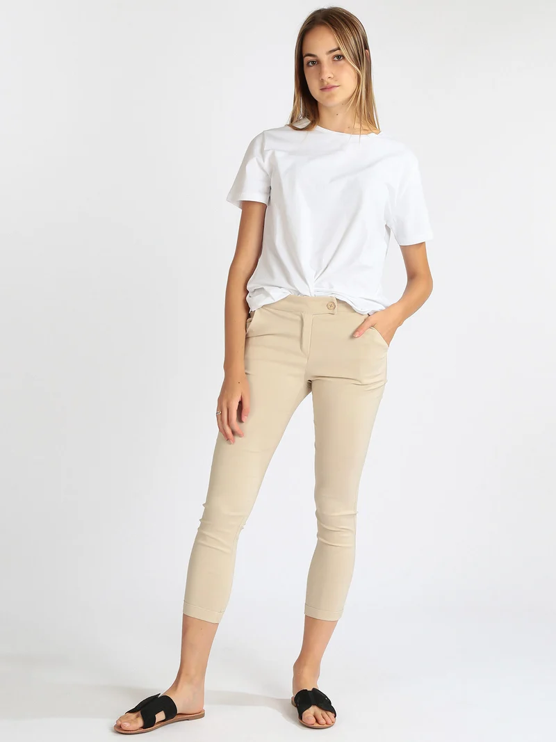 Pantaloni elasticizzati donna con risvolto - beige