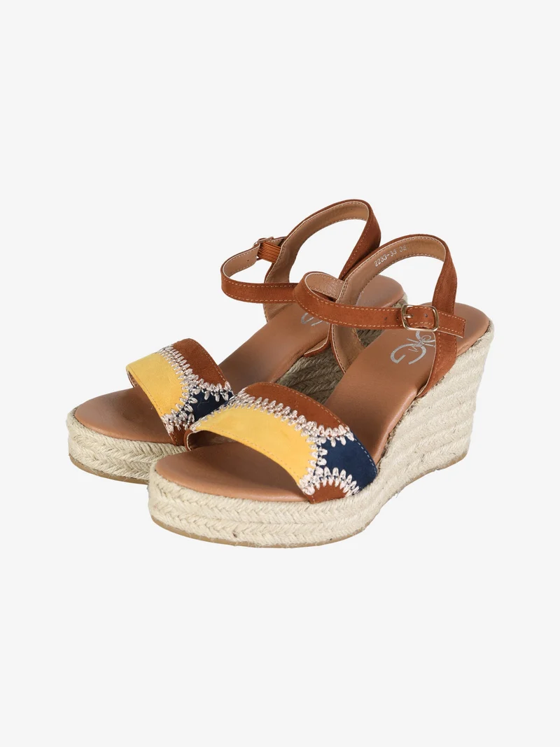 Sandali donna con zeppa in corda e plateau - cammello