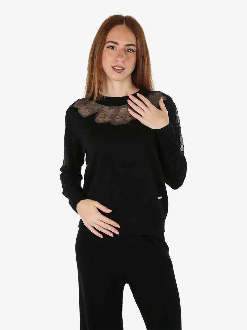 Maglia donna con dettagli velati e piccole borchie - nero