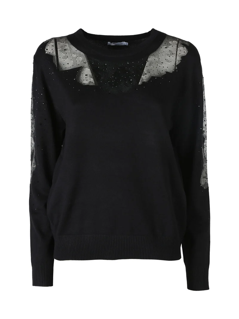 Maglia donna con dettagli velati e piccole borchie - nero
