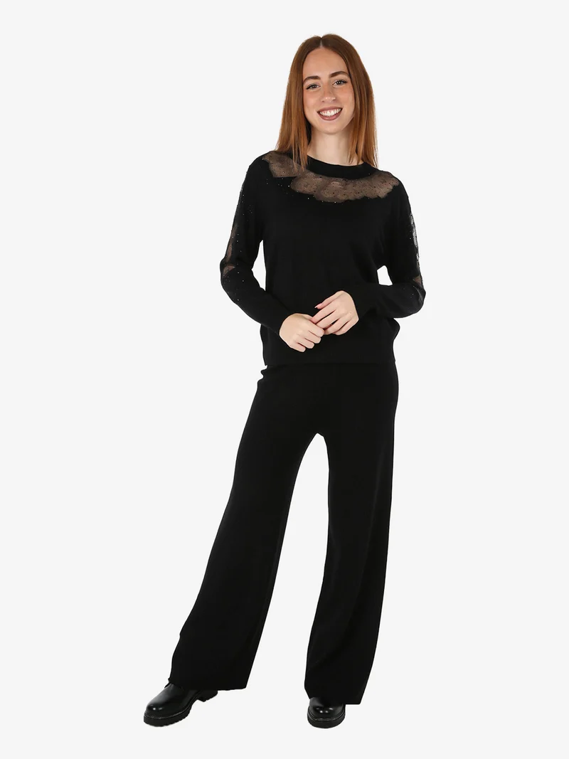 Maglia donna con dettagli velati e piccole borchie - nero