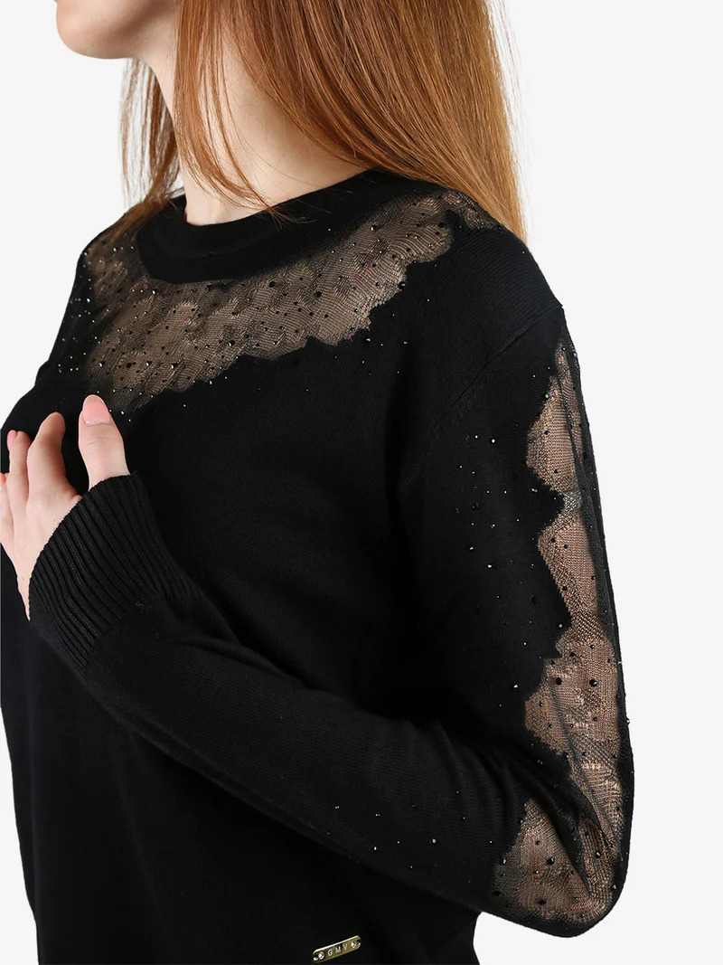 Maglia donna con dettagli velati e piccole borchie - nero