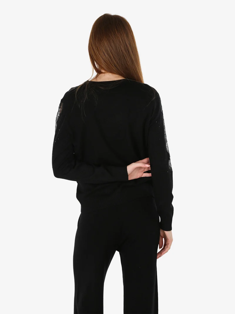 Maglia donna con dettagli velati e piccole borchie - nero
