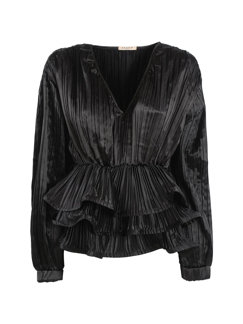 Blusa donna plissetata con balze sul finale - nero