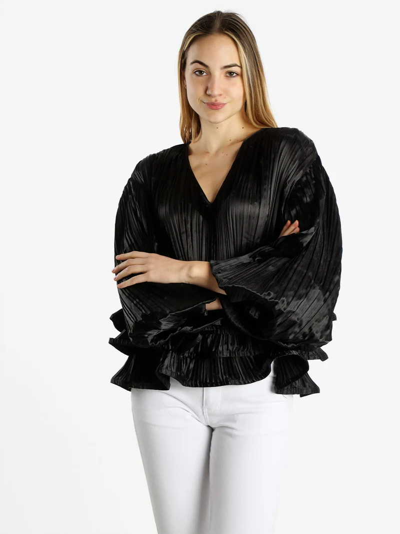 Blusa donna plissetata con balze sul finale - nero