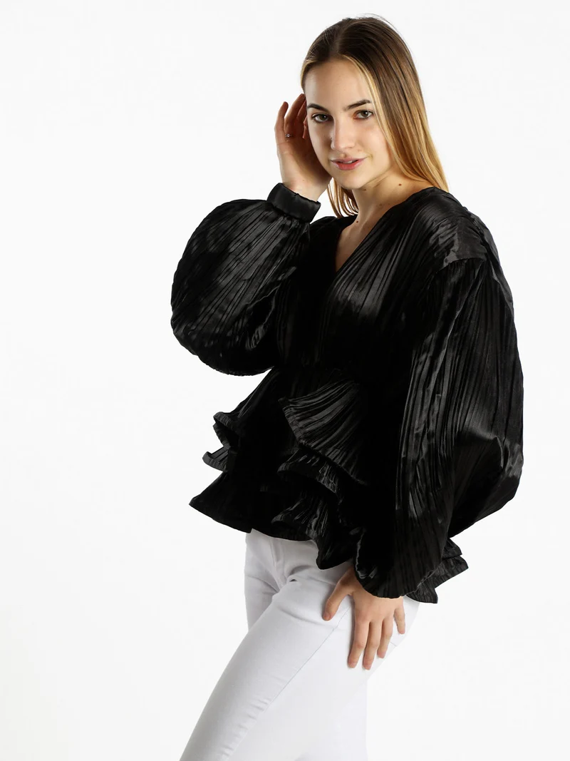 Blusa donna plissetata con balze sul finale - nero