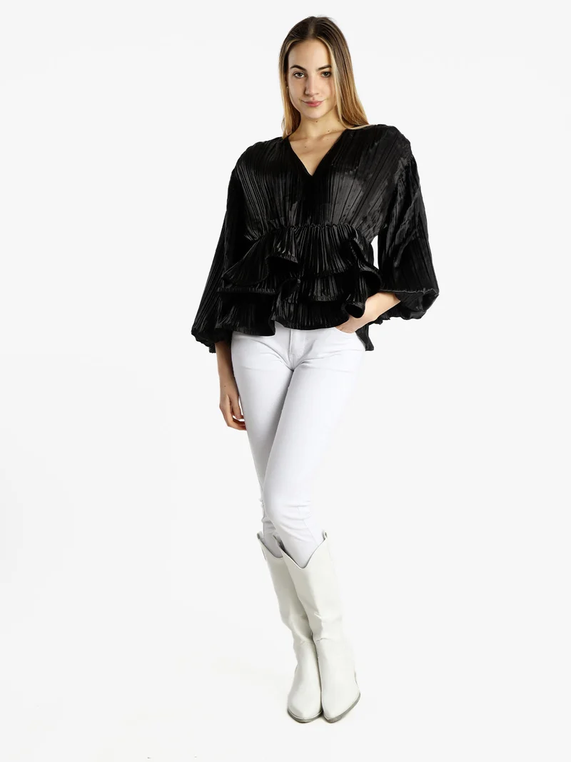 Blusa donna plissetata con balze sul finale - nero