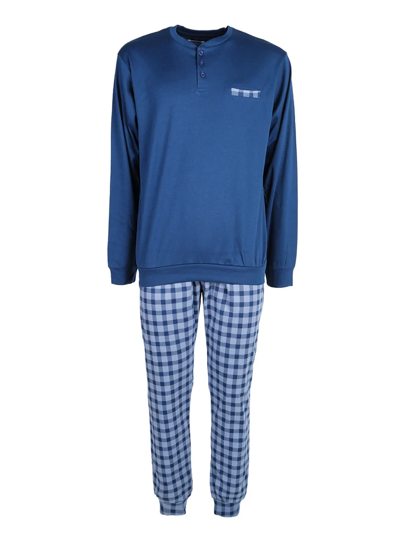Pigiama da uomo in misto cotone con pantaloni a quadri e taschino - blu