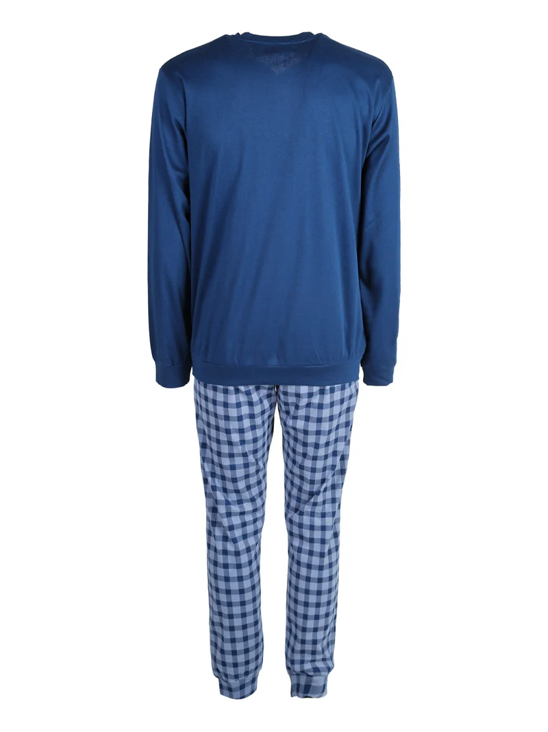Pigiama da uomo in misto cotone con pantaloni a quadri e taschino - blu