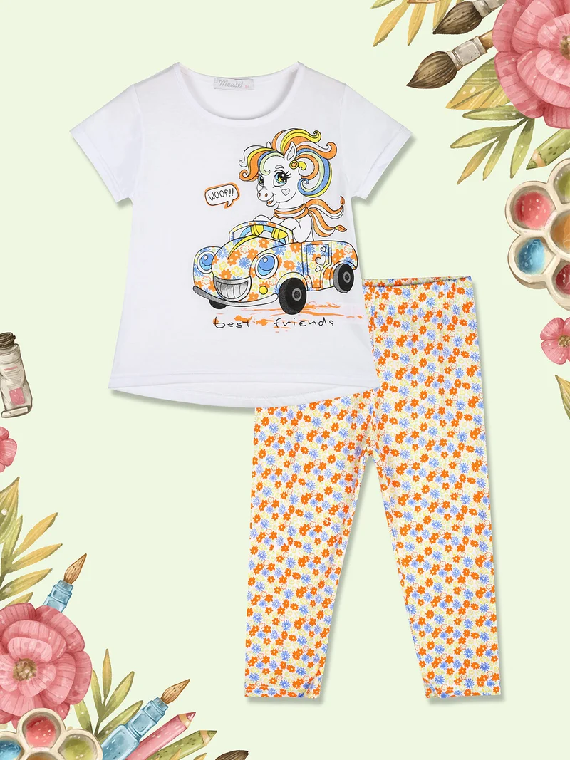 Completo da bambina con t-shirt e leggings fiorati a 3/4 - bianco