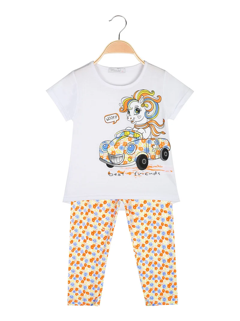 Completo da bambina con t-shirt e leggings fiorati a 3/4 - bianco