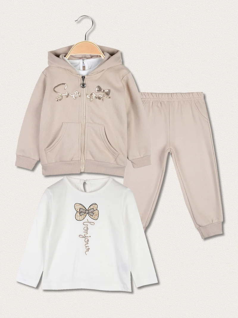 Completo 3 pezzi da neonata con cappuccio e zip - khaki