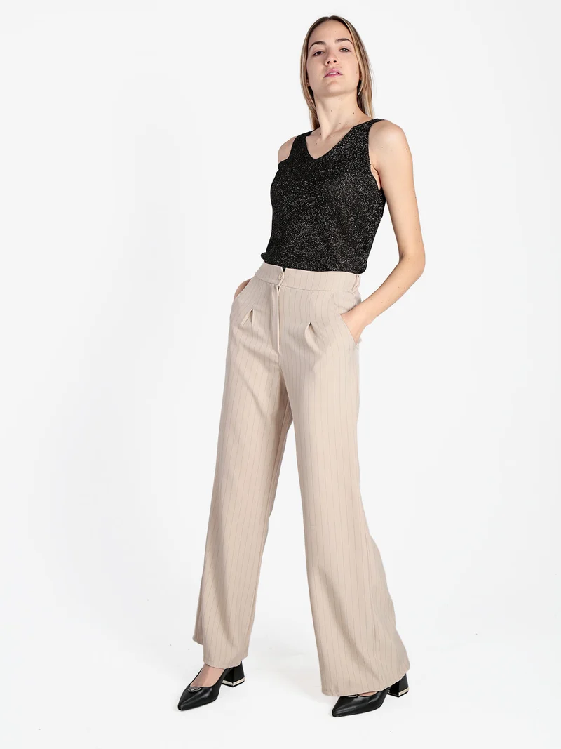 Pantaloni donna a palazzo gessati - beige