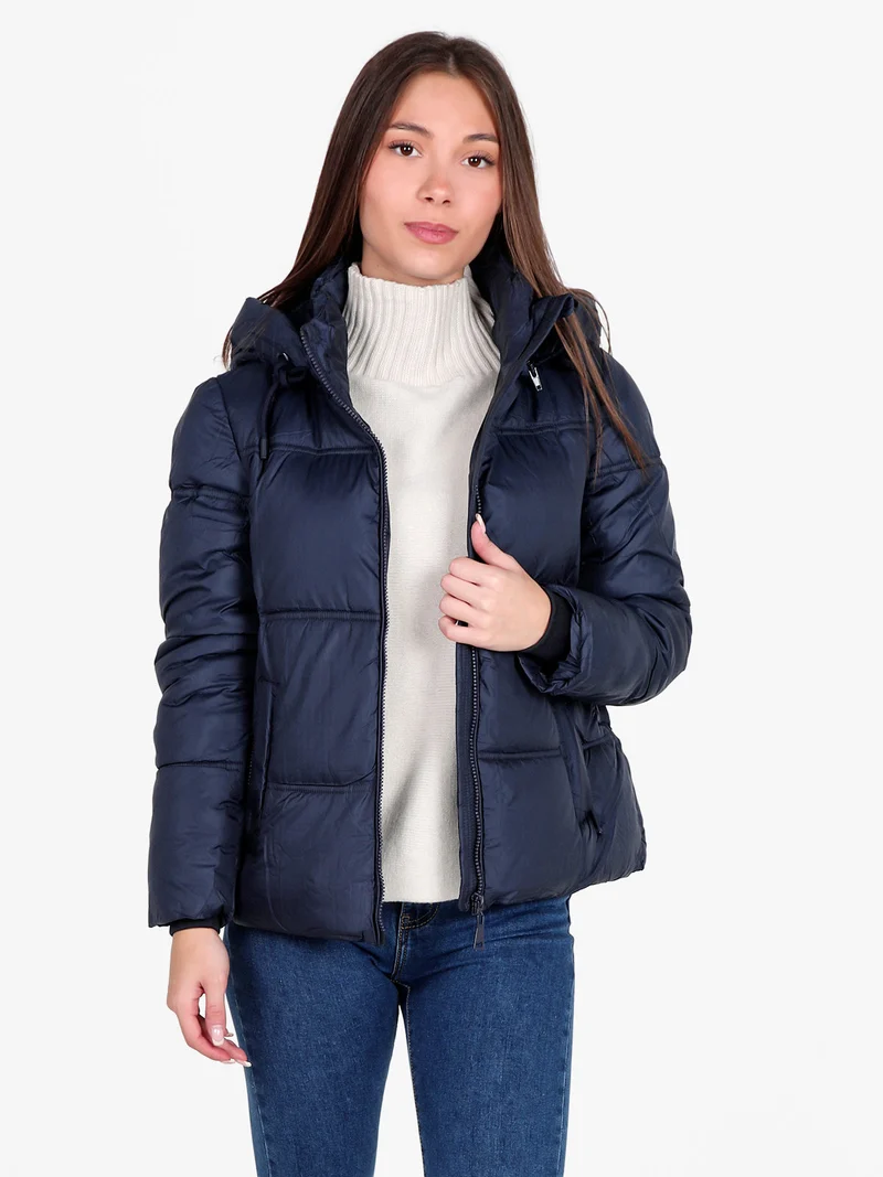 Giubbotto donna puffer con cappucio e zip - blu scuro