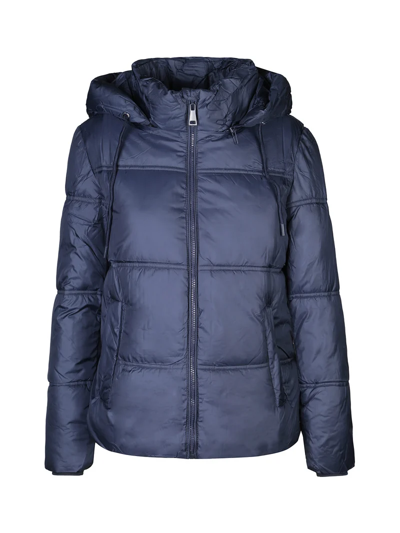 Giubbotto donna puffer con cappucio e zip - blu scuro
