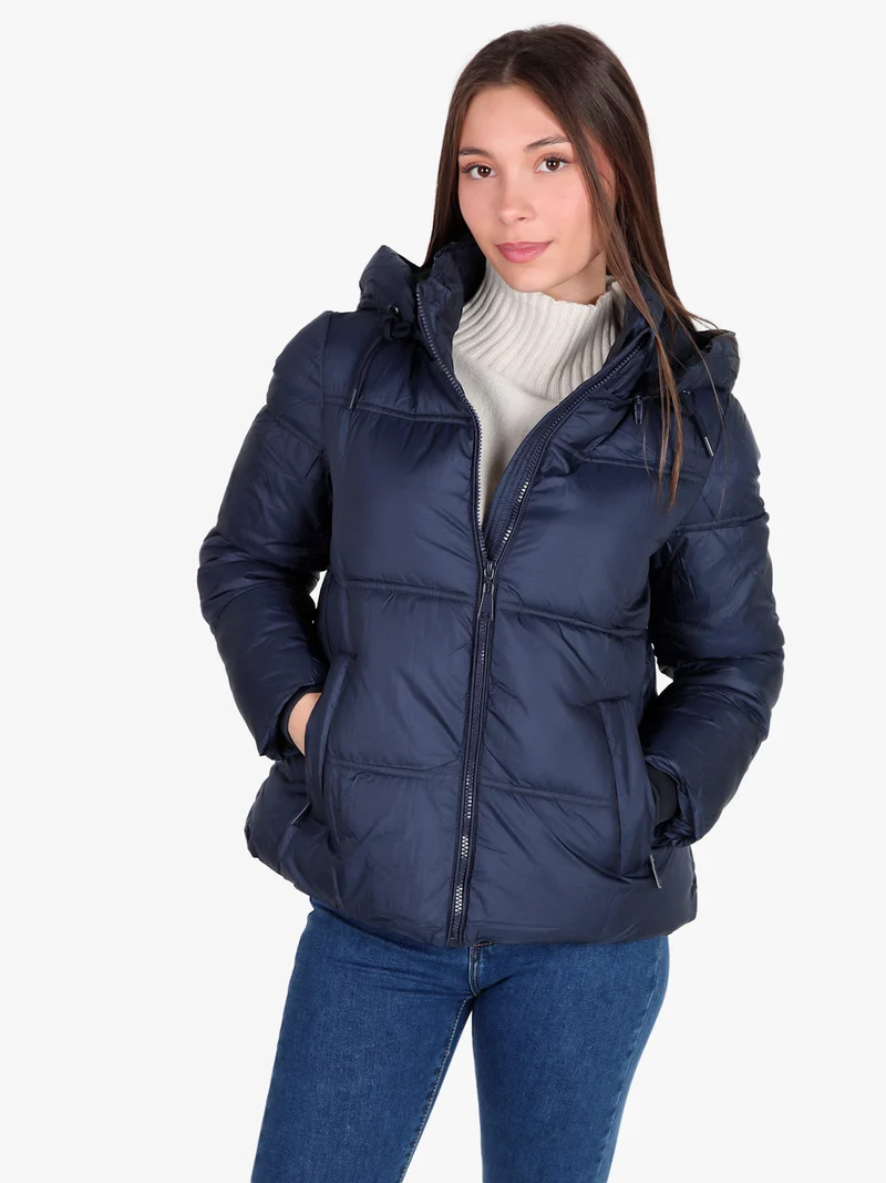 Giubbotto donna puffer con cappucio e zip - blu scuro
