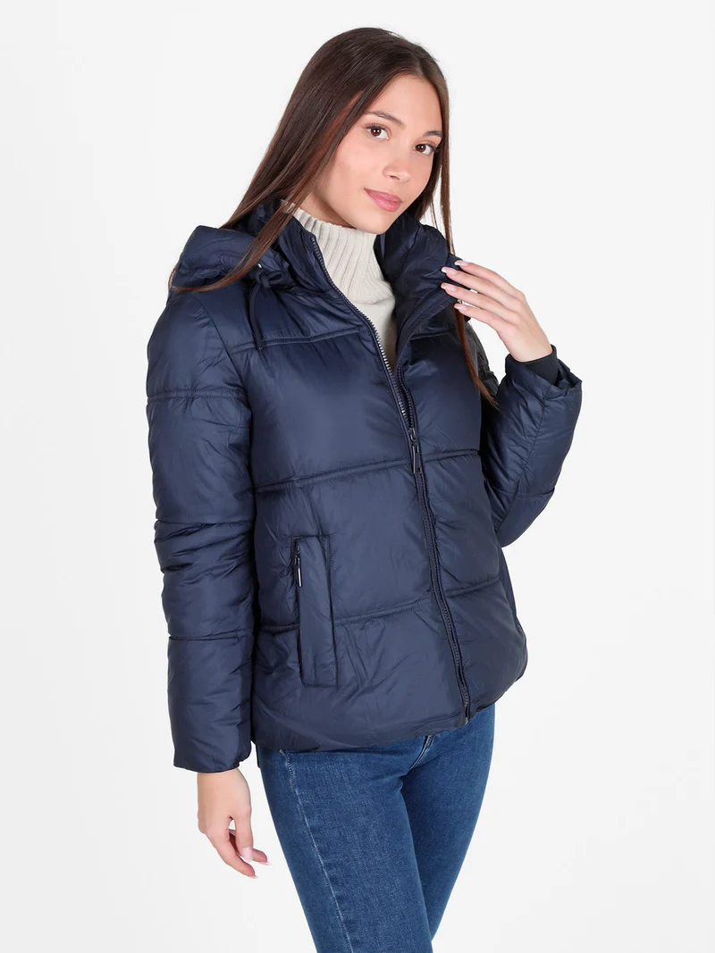 Giubbotto donna puffer con cappucio e zip - blu scuro