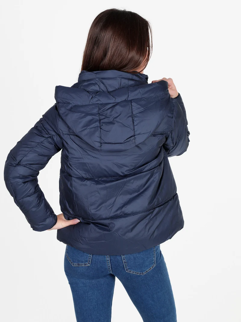 Giubbotto donna puffer con cappucio e zip - blu scuro