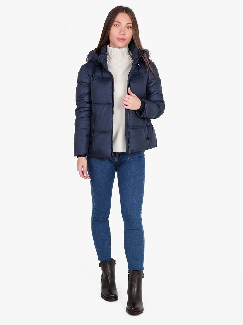Giubbotto donna puffer con cappucio e zip - blu scuro