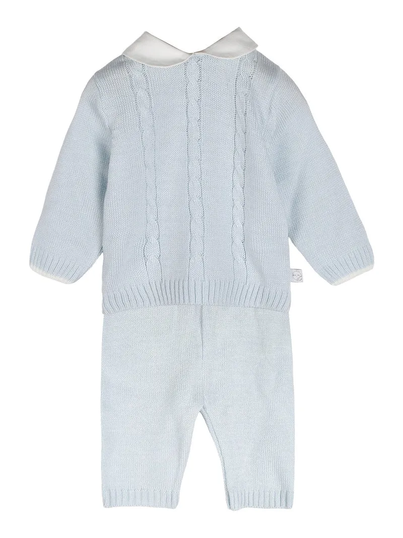 Completo 2 pezzi da neonati in maglia con colletto - azzurro