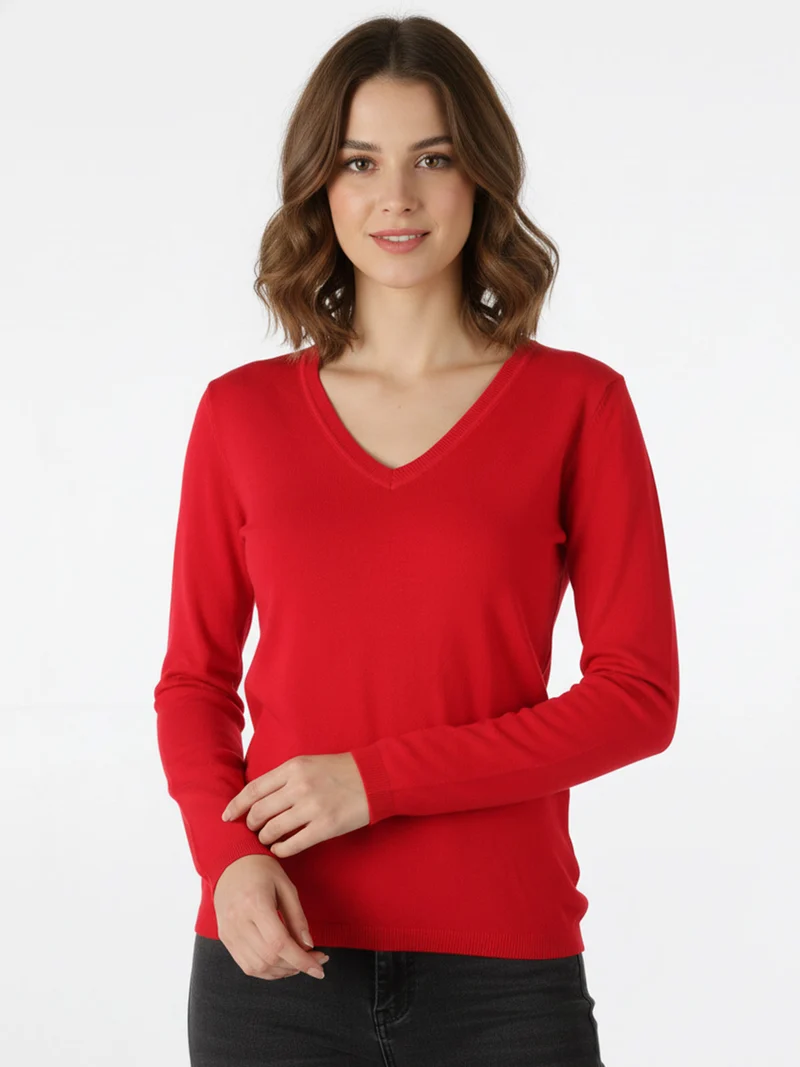 Pullover donna in maglia scollo V - rosso