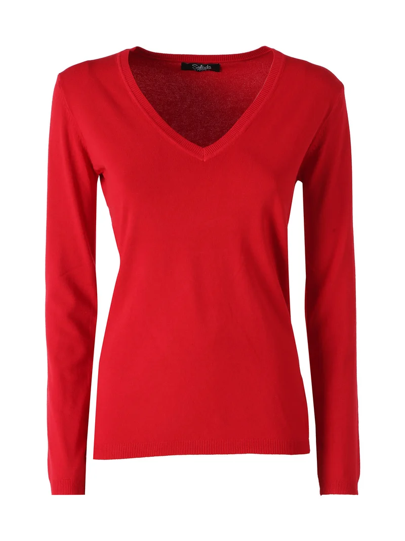 Pullover donna in maglia scollo V - rosso