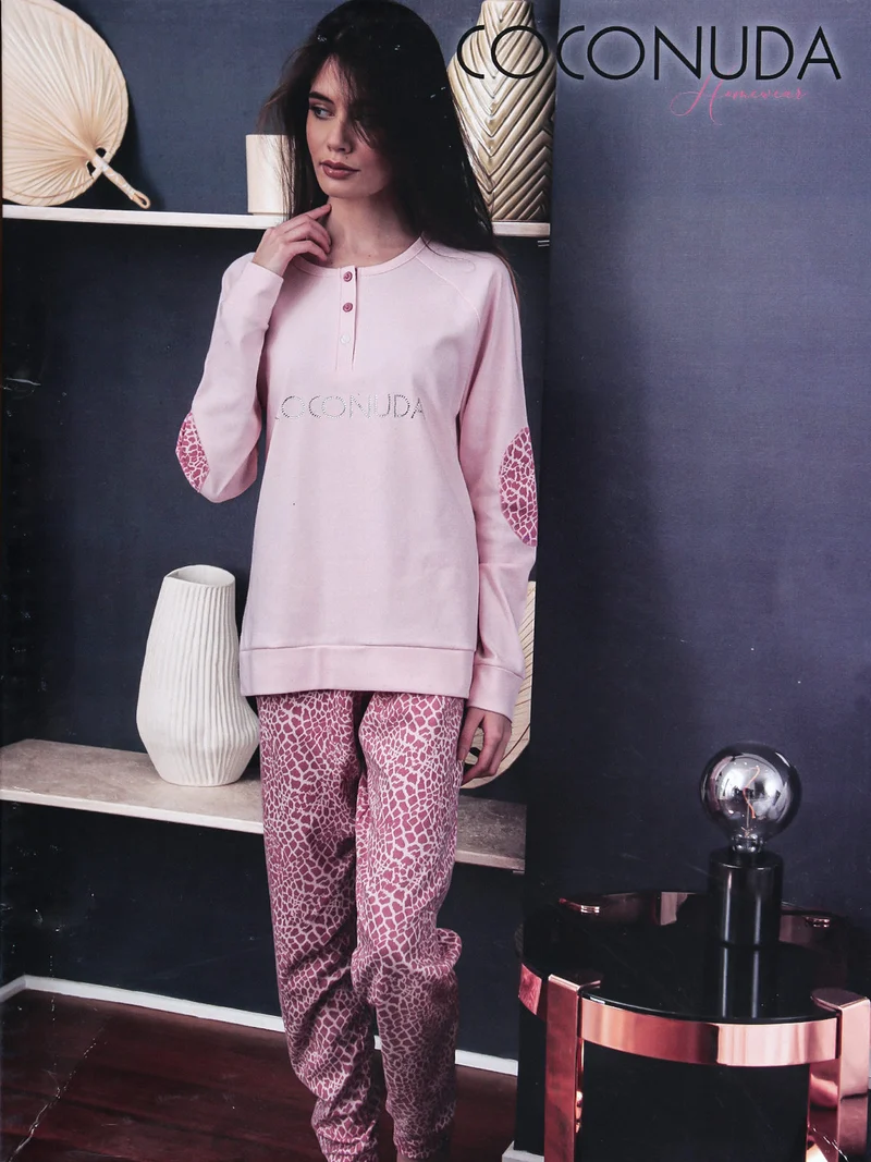 Pigiama lungo da donna in cotonte interlock con strass - rosa