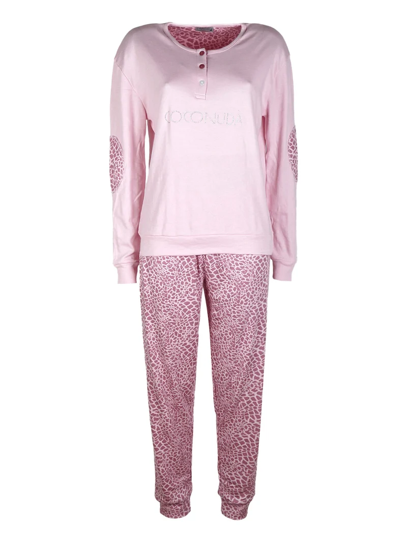 Pigiama lungo da donna in cotonte interlock con strass - rosa