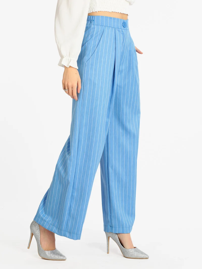 Pantaloni gessati donna a gamba larga - blu