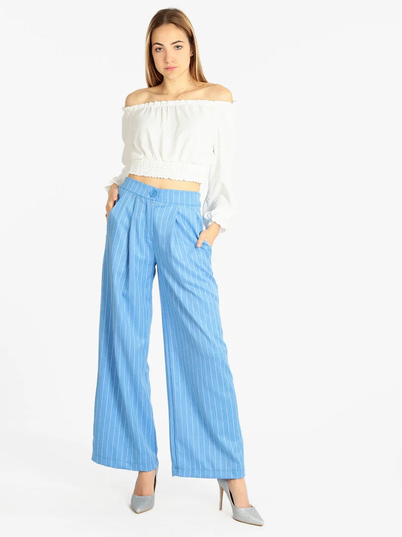 Pantaloni gessati donna a gamba larga - blu