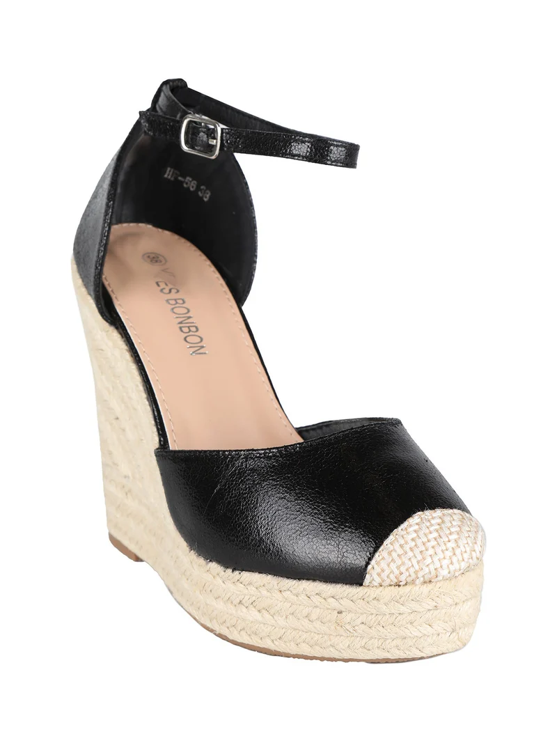 Sandali donna con zeppa in corda - nero