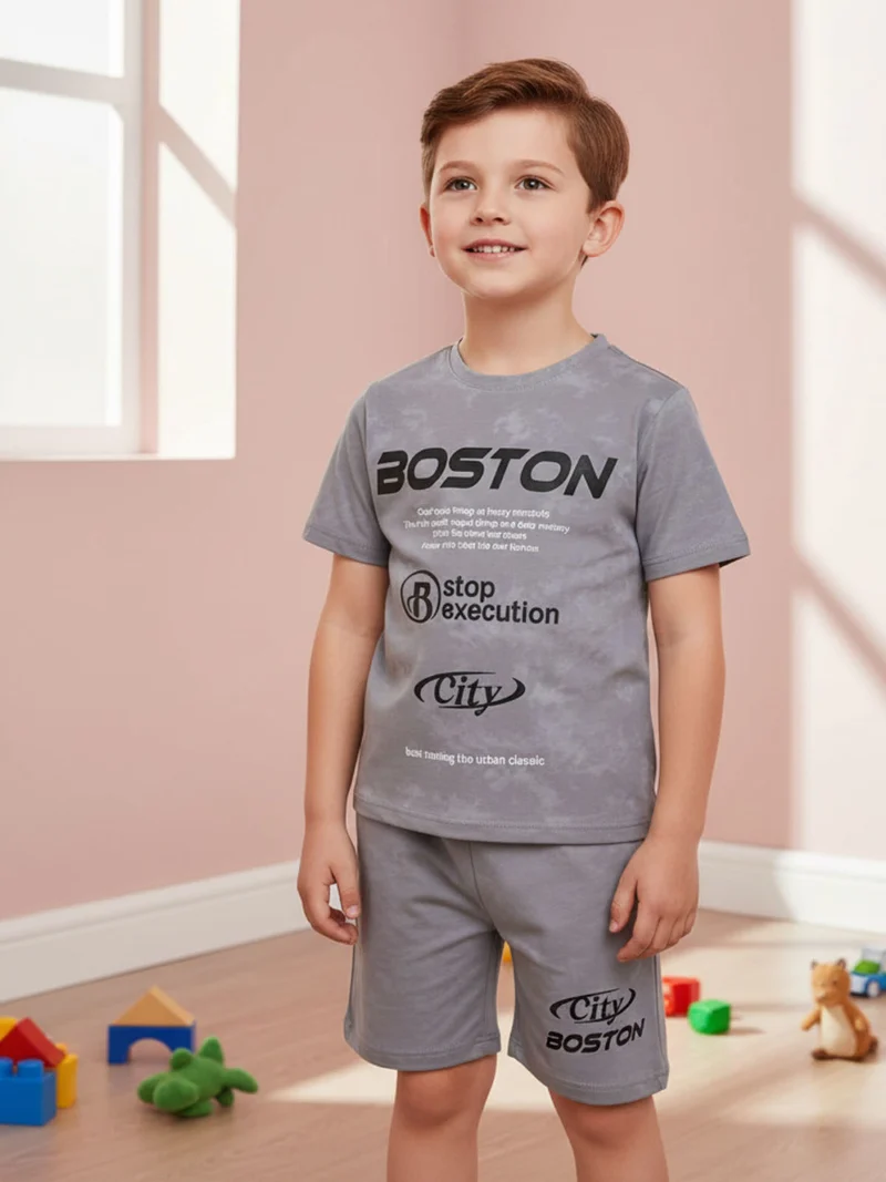 Completo corto da bambino in cotone con t-shirt e bermuda - grigio