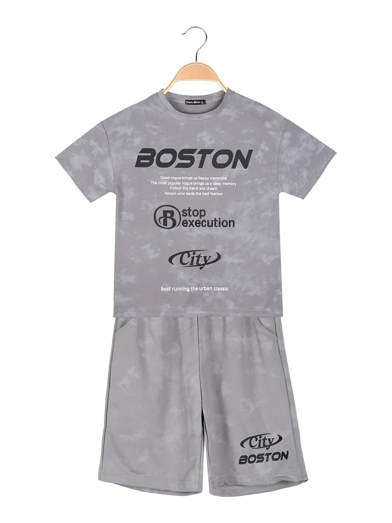 Completo corto da bambino in cotone con t-shirt e bermuda - grigio