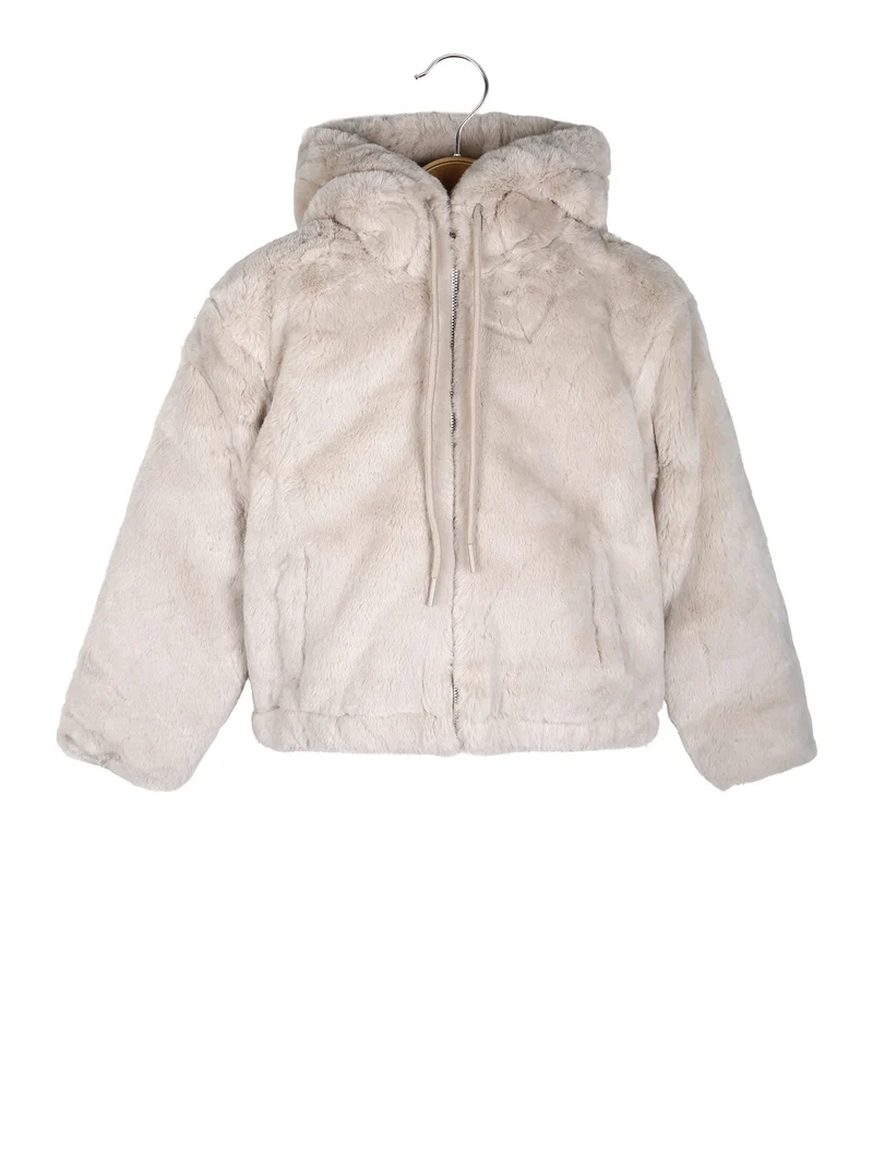 Giacca da bambina con cappuccio in ecopelliccia - beige