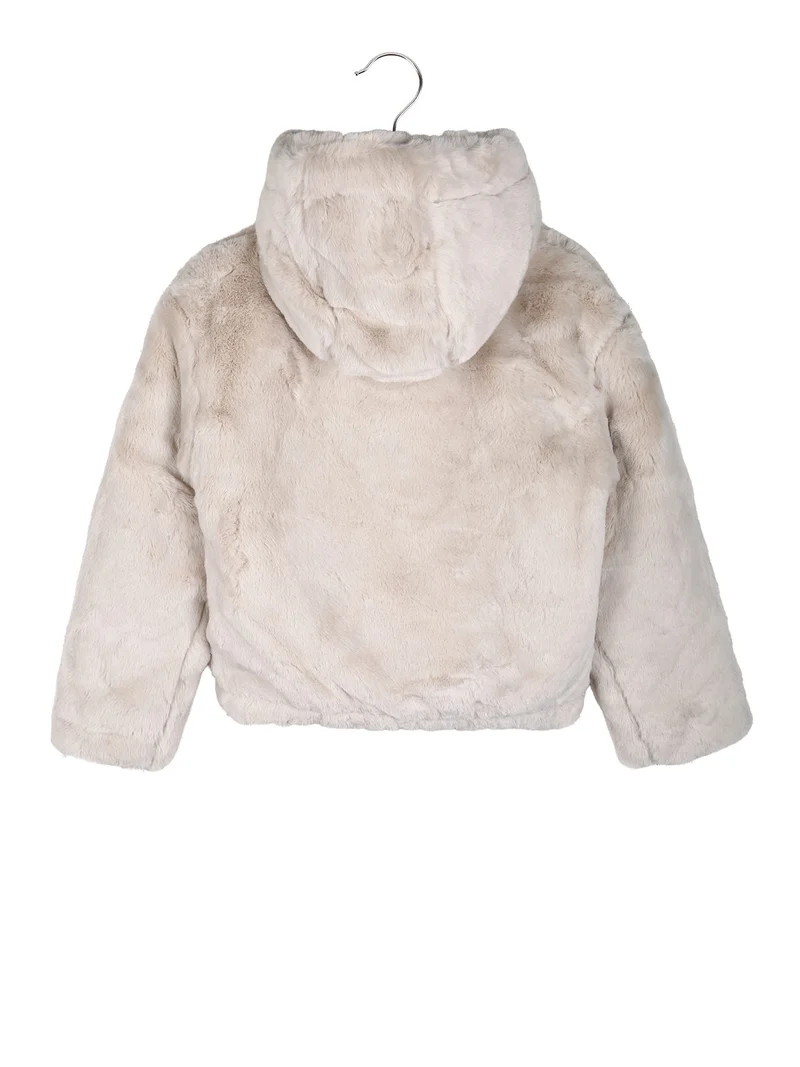 Giacca da bambina con cappuccio in ecopelliccia - beige