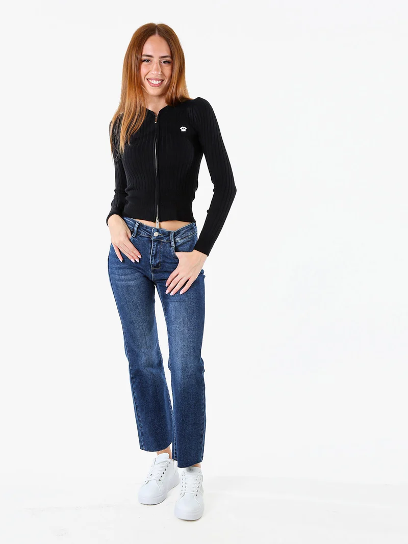 Maglia donna a coste con cappuccio e zip - nero