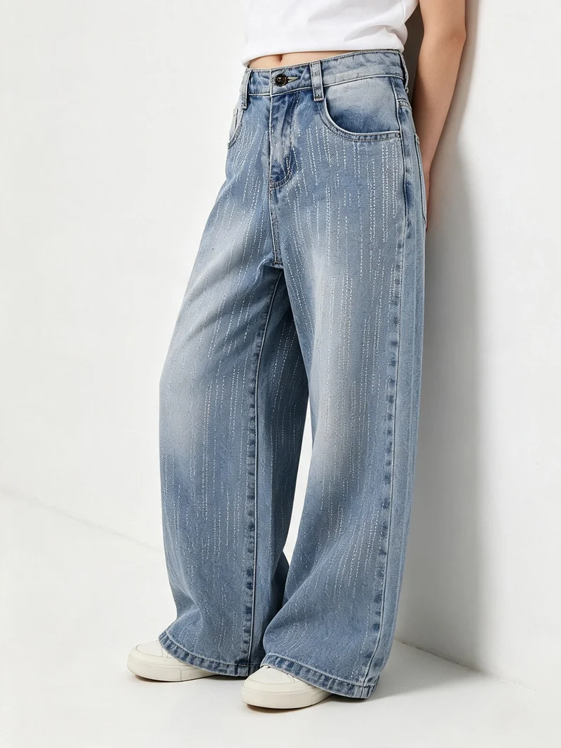 Jeans da bambina a gamba larga con strass - jeans