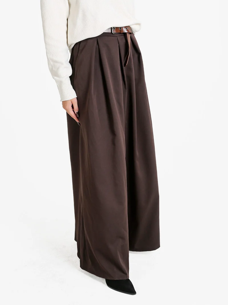 Pantaloni donna a gamba larga con cintura - moro