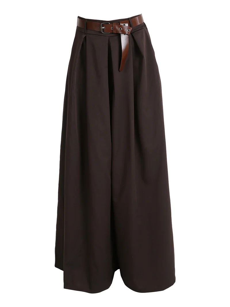 Pantaloni donna a gamba larga con cintura - moro